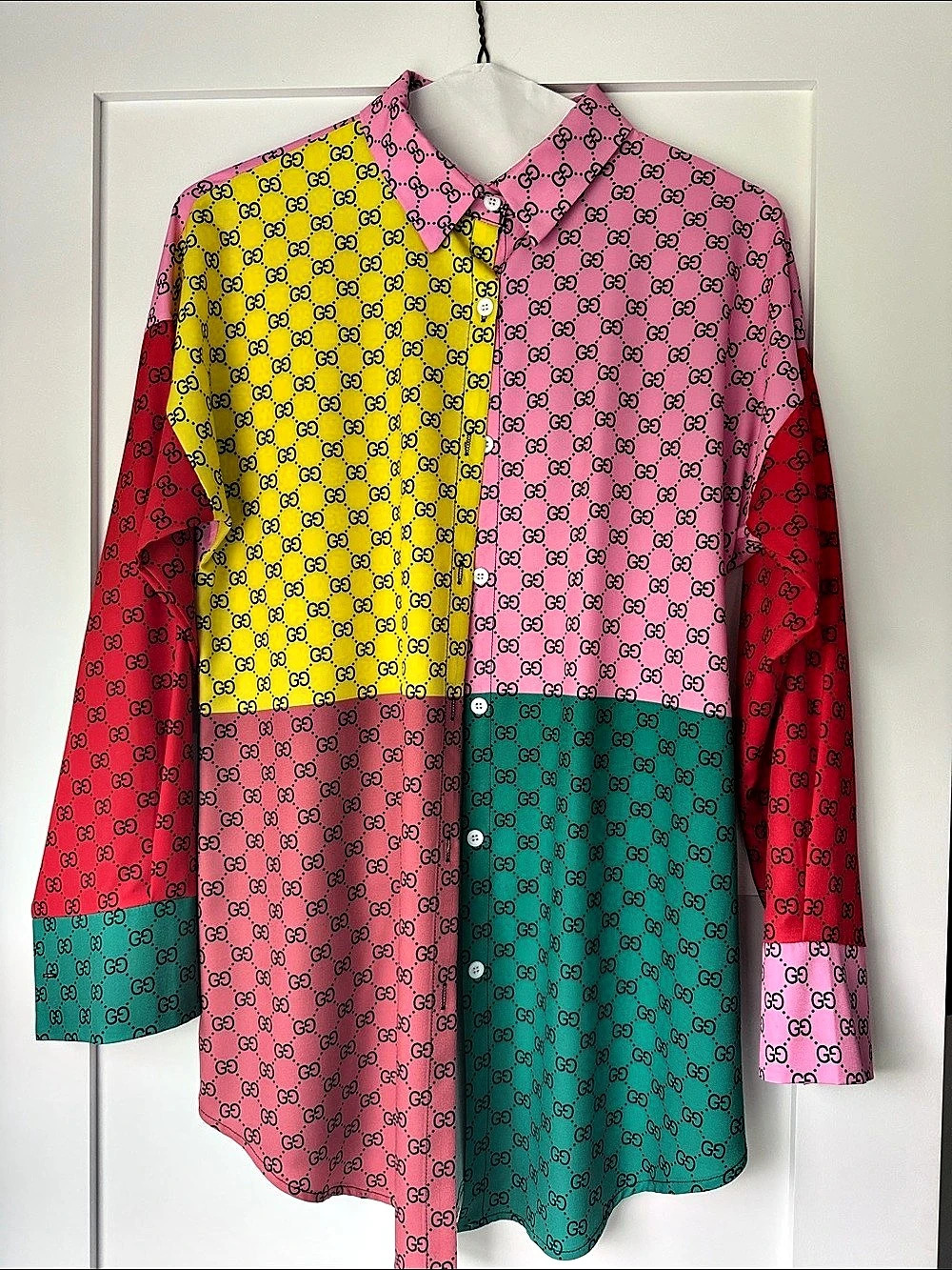 Faux Gucci Color Block GG Print Button Down in Pink & Green